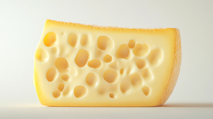 Large piece of swiss cheese with holes on white background