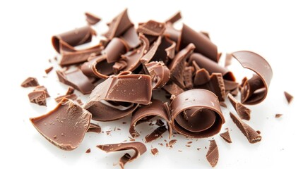 Isolated chocolate curls and pieces on white background