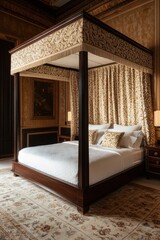 Wall Mural - A luxurious, canopy bed is adorned with elegant fabric in a richly decorated room, featuring warm tones and classic furnishings.