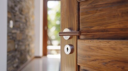 Interior close up of modern wooden door handle