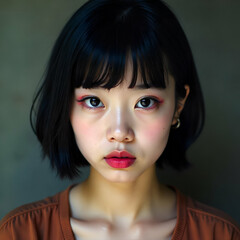 Wall Mural - A young East Asian woman with short black hair and bangs, wearing pink eyeshadow and red lipstick, and looking directly at the camera with a pensive expression