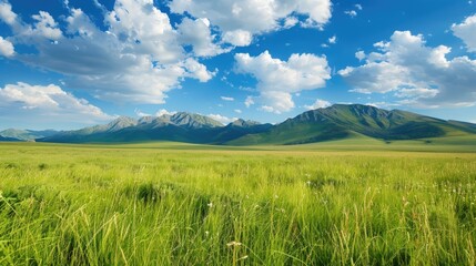 Scenic image of grassland with mountain backdrop under blue sky