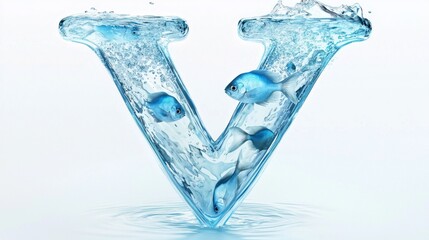 artistic letter V showcases a stunning glass design, seamlessly blending with clear water and small fish swimming inside, creating a refreshing and unique aesthetic.