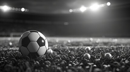 Monochrome soccer and football ball on field for sports design purposes