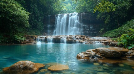 Serene waterfall cascading into a turquoise pool, surrounded by lush green foliage.