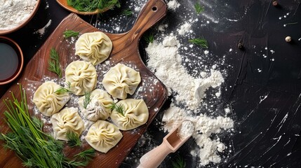 Raw dumplings on wooden board with flour and green dill flat