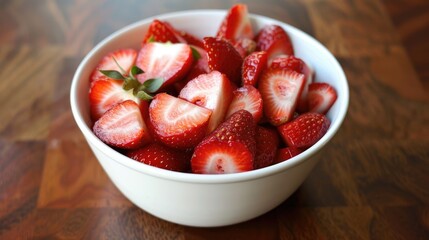 Wall Mural - Sliced strawberries in a pretty white bowl