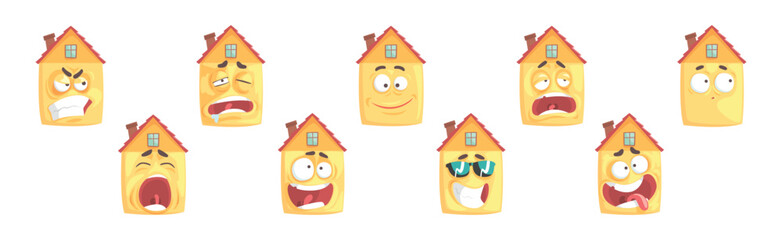 Wall Mural - Humanized House Funny Building Character with Various Face Expression Vector Set