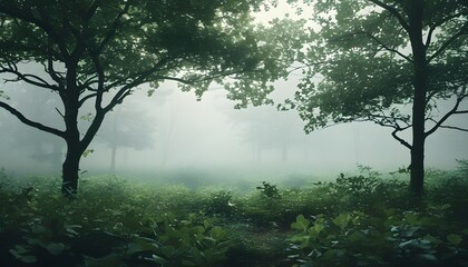 Wall Mural - Tranquil Minimalist Forest with Double Exposure Tree Silhouettes and Mist, Lush Greenery Creating an Inviting Atmosphere