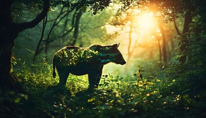 Wall Mural - Serene Double Exposure of Wildlife Silhouette Amidst Lush Green Forest and Sunlit Background