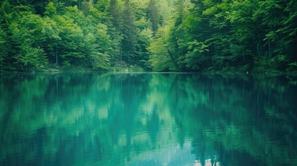 Reflection of green forest in blue river during summer