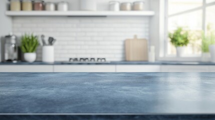 A modern interior with a blurred background and an empty blue countertop is seen in the kitchen. Tabletop for showcasing products. tidy prototype for food or laundry soap, cleaning