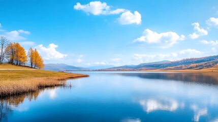 A serene landscape featuring a calm lake surrounded by mountains and vibrant trees under a beautiful blue sky.