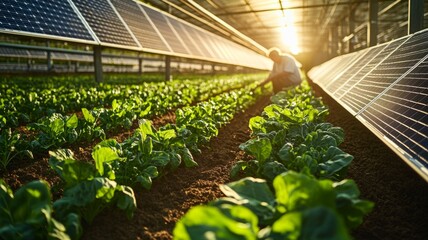 Farmer Tending Lush Crops Under Solar Panels