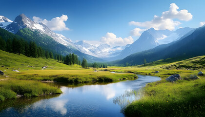 majestic mountain landscape with verdant meadows and reflective river under clear blue skies