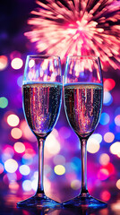 Canvas Print - Festive New Year's Eve with Champagne and Vibrant Fireworks Display 