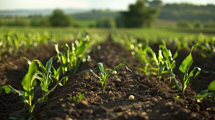 Planting corn in rows for growth