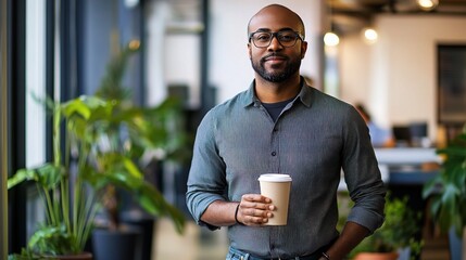 Canvas Print - Confident Man Holding Coffee in Modern Office Space