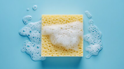 Kitchen dishwashing sponge with suds isolated on a blue background. Household cleaning tool for washing dishes, pots and pans. Copy space for text or design. 