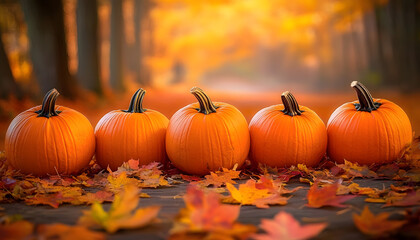 row of orange pumpkins against a backdrop of autumn foliage and fallen leaves