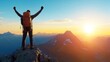 © Anna - After a demanding climb, a hiker stands triumphantly atop a mountain, basking in the warm glow of the sunset while overlooking expansive valleys and peaks