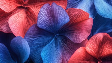 Wall Mural - Beautiful close-up of vibrant flower petals in bold duotone hues, captured in an abstract composition with intricate textures and contrasts