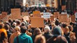 © Anna - A diverse group of people gathers in a city to protest, displaying various signs that call for social change and justice. The atmosphere is filled with determination and unity
