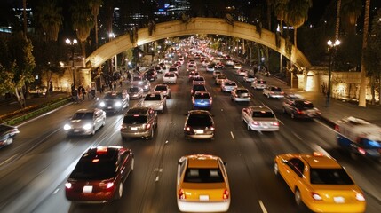 Cars navigate a busy street beneath a beautifully lit arch, creating a lively atmosphere as the city skyline glimmers in the night sky, showcasing urban life