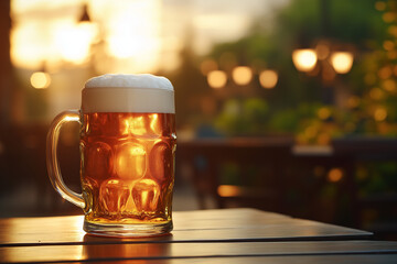 Foamy German beer in large glass mug stands