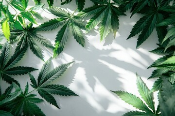 Wall Mural - Lush Green Cannabis Leaves Bordering White Background