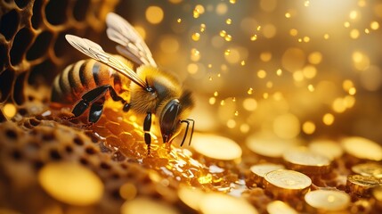 Canvas Print - Honeybee on Honeycomb - Golden Drops