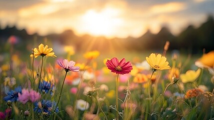 Wall Mural - A field of wildflowers in the sunset. Perfect for projects about growth, nature, and peace.