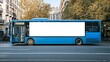 © Zahid - Madrid's blue city bus from the side, featuring a sizable white mockup space for branding or advertising