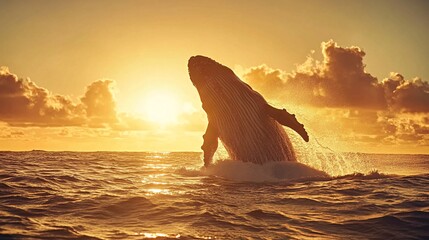 Wall Mural - a humpback whale breaches the surface of the ocean at sunset, creating a splash of water as it leaps