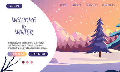 Winter-themed website landing page design featuring mountains, snow, and trees against a gradient sunset sky. Includes interface elements.  
