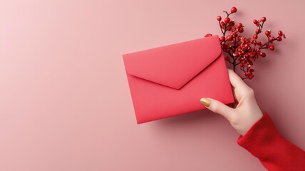 A hand holding a vibrant red envelope adorned with decorative branches against a soft pink background, perfect for conveying messages of love or celebration.