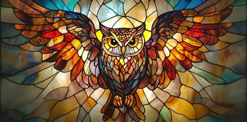 Vibrant stained glass owl in flight with detailed feathers and warm colors
