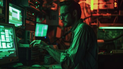 Focused programmer working late in a dark room filled with glowing screens and tech equipment.
