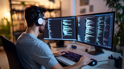 Wall Mural - a programmer working late at night in his home office
