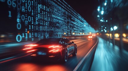 Digital interface with binary coding over a car driving, symbolizing global connections and data processing