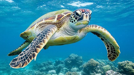 Wall Mural - A green sea turtle swims through clear blue water, its shell patterned with brown and black, over a bed of vibrant coral.