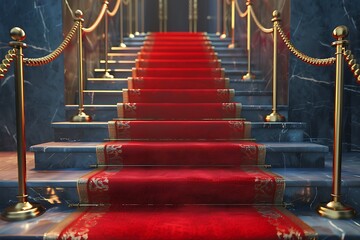 Red carpet with golden stanchions on stairs,