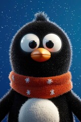 Wall Mural - Cute Cartoon Penguin with Orange Scarf and Snowflakes