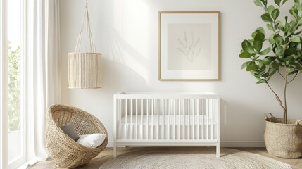 Mockup frame for a bright nursery bedroom with a white crib and a rattan basket.