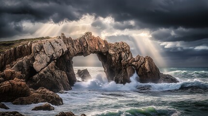 Dramatic coastal rock formation with ocean waves crashing, illuminated by sun rays breaking through stormy clouds