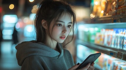 Canvas Print - Young woman in a convenience store looking at her phone.