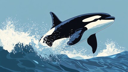 Wall Mural - a killer whale leaping out of the water with a splash, with a blue sky in the background.