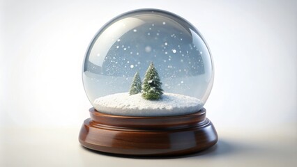 Snow falling on pine trees inside a snow globe, evoking the magic and tranquility of winter