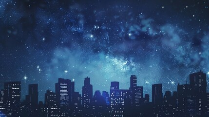 City Skyline at Night Vibrant illustration of a city skyline at night featuring tall buildings with glowing windows and a dark blue sky filled with stars