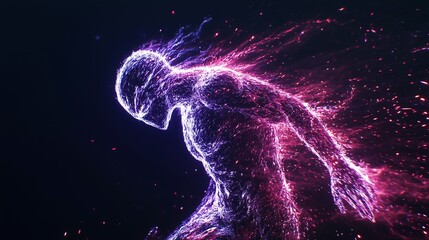 Wall Mural - abstract digital figure composed of glowing particles in motion, representing energy, technology, or